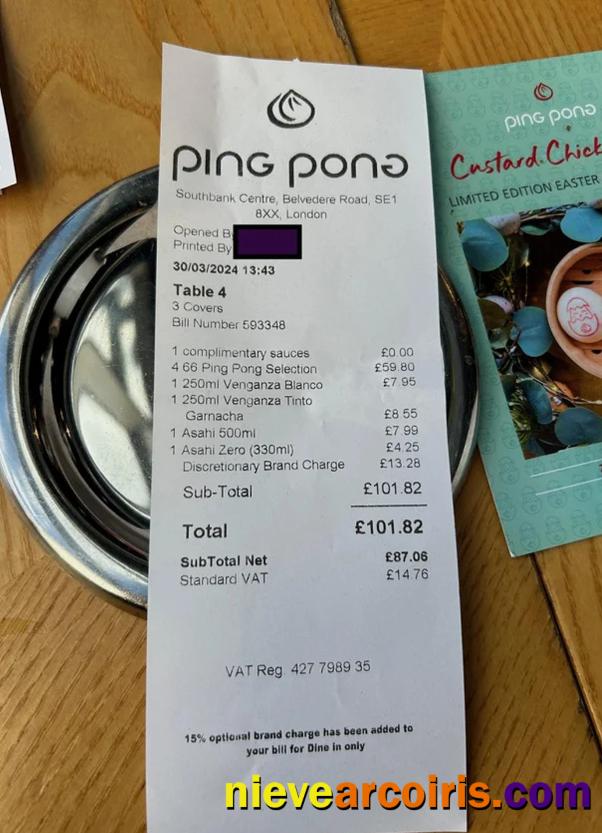Ping pong restaurants payment receipt
